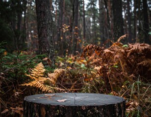 Fototapeta premium Dark Stump in Autumn Forest with Brown and Green Ferns Calm and Peaceful Natural Scene