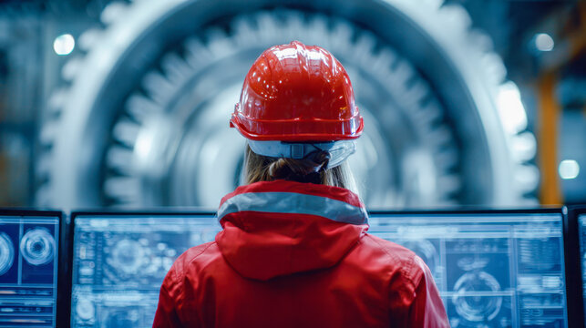 Engineer in red safety gear monitoring complex data on computer screens inside a high-tech industrial facility with advanced machinery in background