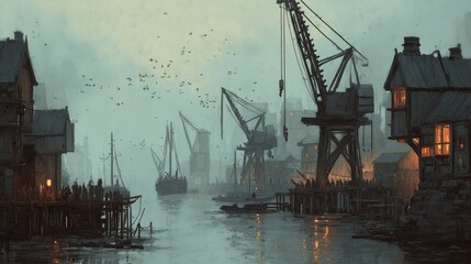 A misty, twilight harbor scene with aged wooden structures, cranes, and ships. People gather on the docks, adding to the atmospheric depth
