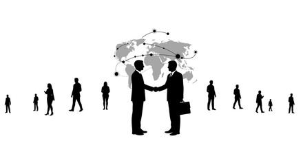 Global business deal with people silhouettes and world map.