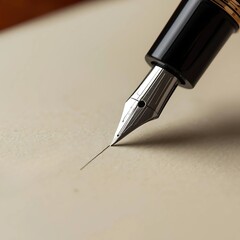 Fototapeta premium Close-Up Fountain Pen Nib Touching Blank Beige Paper Macro Shot