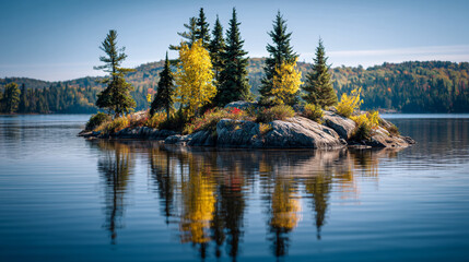 Small island with trees and rocks reflected in the calm water of a lake during autumn