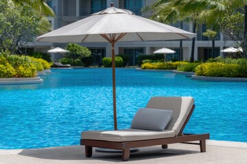 Obraz premium A lounge chair with a pillow under an umbrella poolside