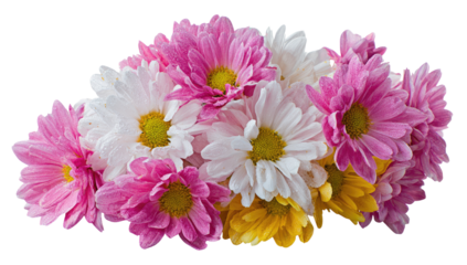 Close-up of a bouquet of mixed pink, white, and yellow daisies.  Soft petals, vibrant colors,  and a cluster of blooms