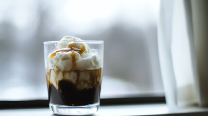 A decadent dessert drink with layers of coffee, cream, and caramel sits by a bright window, inviting a sweet moment of indulgence and comfort.