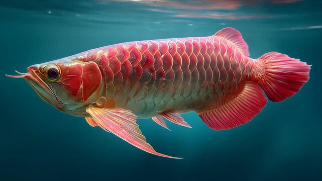 A stunningly detailed image of a vibrant red fish swimming in deep teal water.