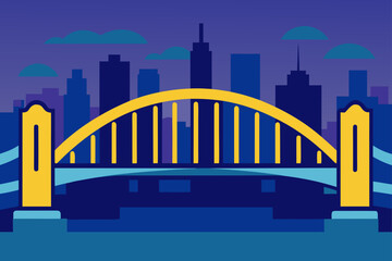 Obraz premium Stylized cityscape with a yellow arch bridge at dusk