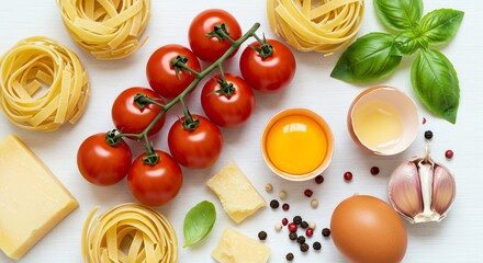Pasta ingredients with tomatoes basil and cheese