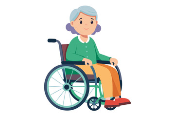 Animated elderly woman with gray hair is cheerfully sitting in a wheelchair today