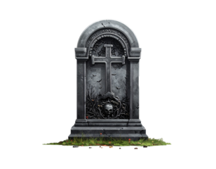 Halloween Gravestone with Skull and Climbing Vines Isolated on White Background