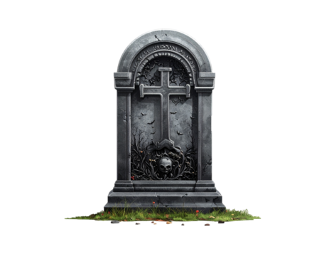 Halloween Gravestone with Skull and Climbing Vines Isolated on White Background