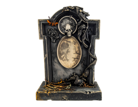 Halloween Gravestone with Skull and Climbing Vines Isolated on White Background