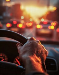 Naklejka premium Close-up view of a driver's hand gripping the steering wheel while navigating through heavy traffic during a warm, glowing sunset commute on a busy city road