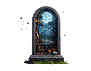 Halloween Gravestone with Skull and Climbing Vines Isolated on White Background