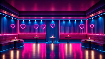 Vibrant nightclub interior with neon heart decorations and inviting ambiance in a modern lounge setting