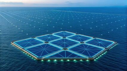 ocean sustainability project Innovative floating solar farm on water, featuring geometric panels and harnessing renewable energy.