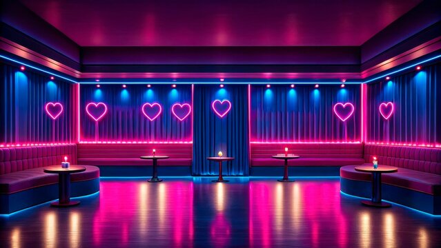 Vibrant nightclub interior with neon heart decorations and inviting ambiance in a modern lounge setting