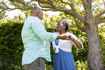 Senior couple dancing joyfully together in sunny garden under tree © wavebreak3
