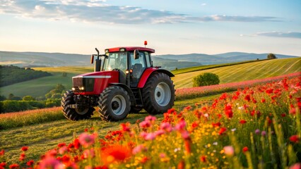Fototapeta premium Bright red tractor plowing vibrant flower fields under a clear blue sky during golden hour in the countryside