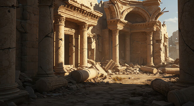 Ancient ruins with broken columns and cracked stone architecture