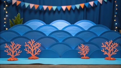 ocean sustainability project Colorful backdrop featuring waves and coral decor, ideal for events or performances.