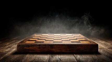 Dramatic Chessboard in Dark Environment with Smoke and Wooden Texture Capturing Strategic Game Essence
