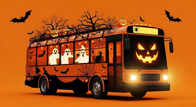 Spooky Halloween bus decorated with ghosts, pumpkins, bats, and spiderwebs ready for trick-or-treating fun and festive celebrations