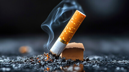 A burning cigarette butt smolders in ashes, releasing smoke into the air, symbolizing health risks, addiction, and environmental pollution caused by smoking and discarded tobacco waste.