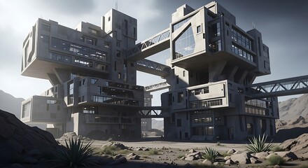 Futuristic Desert Complex - Brutalism Meets Arid Landscape.