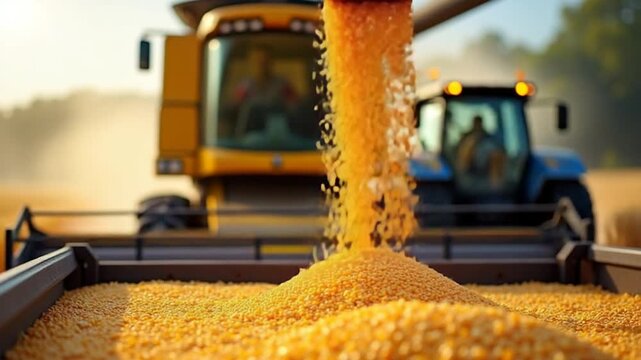 Industrial farmland finishes the seasonal work. Golden grains falling from combine into cart of a tractor. Grains pouring on nature background. Machinery harvesting.