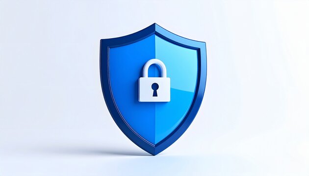 Blue shield with padlock icon, split tones, symbol of cybersecurity and data protection.