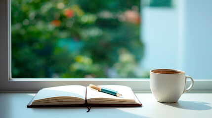Morning journal with coffee cup by window reflection of daily routine
