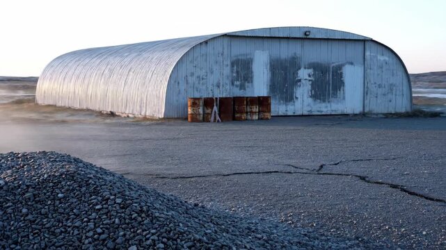 Abandoned Quonset Hut with Rusted Barrels in a Desolate Landscape,  Forgotten Structure and Accumulation of Gravel on a Cracked Pavement