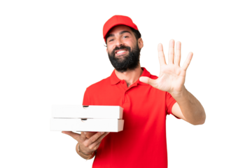 Pizza delivery man with work uniform picking up pizza boxes over isolated chroma key background counting five with fingers
