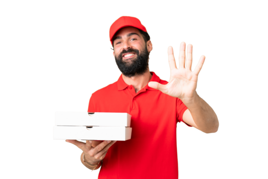 Pizza delivery man with work uniform picking up pizza boxes over isolated chroma key background counting five with fingers