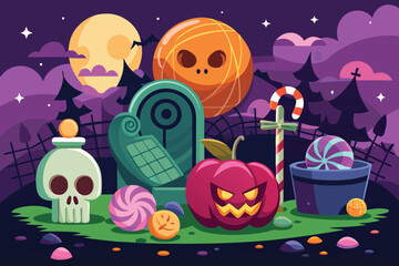 Mystical graveyard scene with a prominent skull topped tombstone and eerie atmosphere