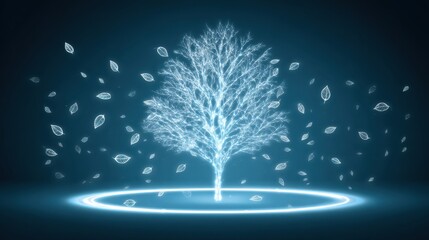 Glowing Tree with Floating Leaves in a Digital Blue Space, Symbolizing Nature and Technology Interconnection