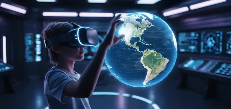 A kid boy learns online using futuristic technology. The concept of the integration of advanced digital tools in education, and learning experiences for the future generation. Generative AI. - Powered by Adobe