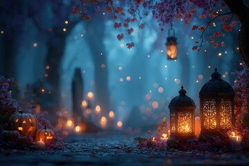 Magical Halloween Night with Glowing Pumpkins and Lanterns