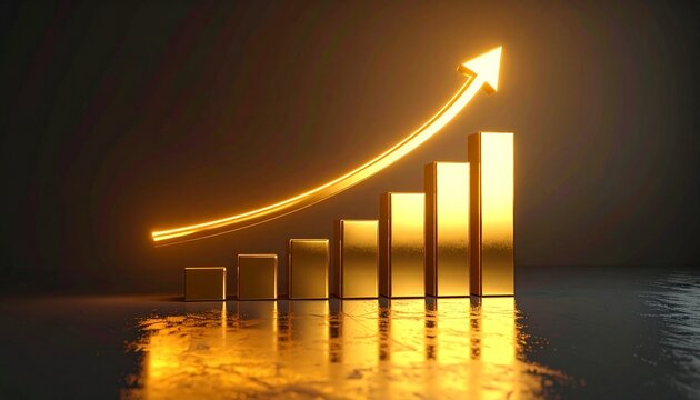 Golden bar chart with rising columns and arrow, symbolizing growth and success.
