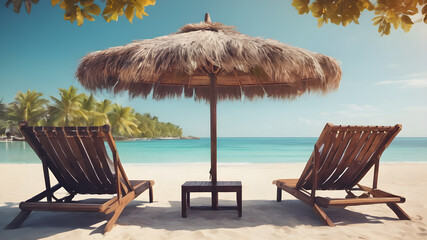 Beach chair holiday poster with a pair of chairs, celebrating seaside relaxation, tranquility, and timeless vacation charm.