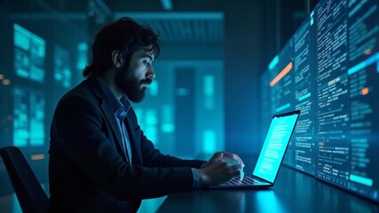 Modern entrepreneur strategizing AI driven transformation using data science, analytics and high tech user interface design. Platforms, neural networks and cyberspace innovation. Camera A. - Powered by Adobe