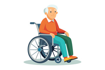 Senior man with white hair wearing orange sweater sits calmly in wheelchair
