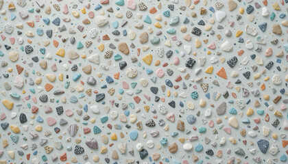 "Seamless terrazzo pattern with colorful stone chips on pastel background, minimalist decorative style"

