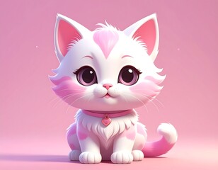 Delightful cartoon kitten with pink details sitting on a pink backdrop