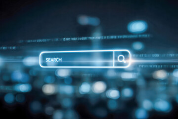 Futuristic digital search bar glowing with a bright blue light over a blurred background filled with binary code and technology-inspired elements representing online data