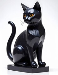 Elegant Black Cat Sculpture with Amber Eyes Sitting on Platform Isolated on White