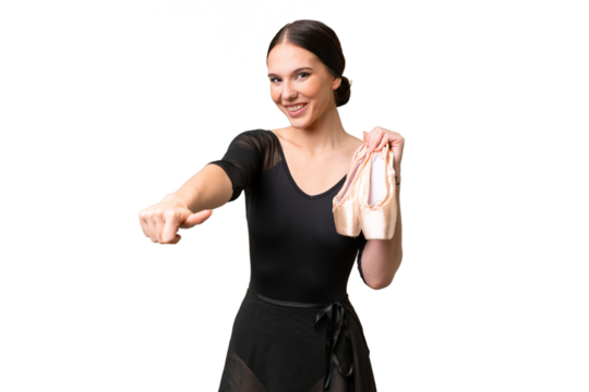 Young caucasian woman practicing ballet over isolated background giving a thumbs up gesture