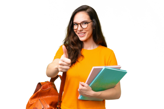 Young student caucasian woman over isolated background with thumbs up because something good has happened