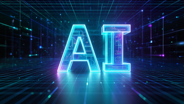 Harness the power of AI with this futuristic illustration featuring glowing letters on a digital circuit board.